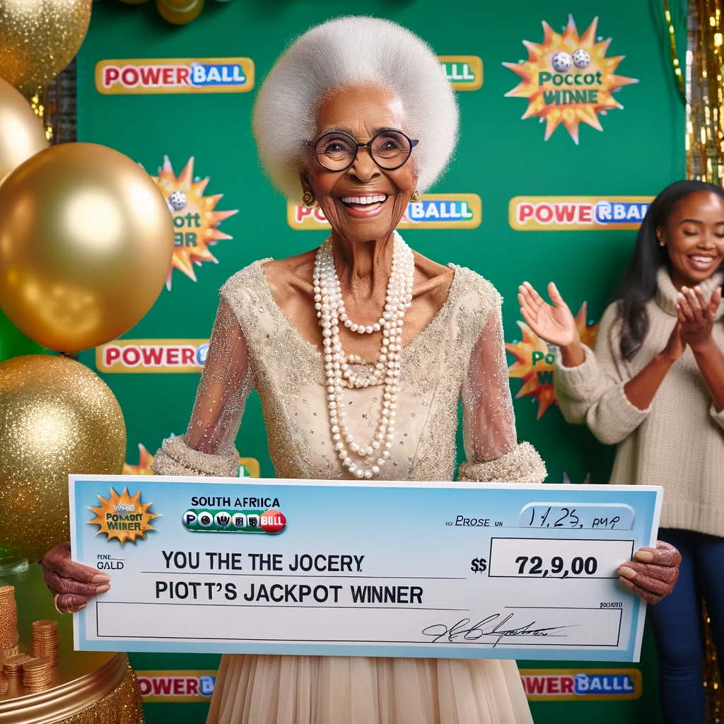 How to Play Powerball in South Africa: An elderly Black woman in elegant attire holding a large ceremonial check with 'PowerBall Winner' written on it. She stands in front of a backdrop with